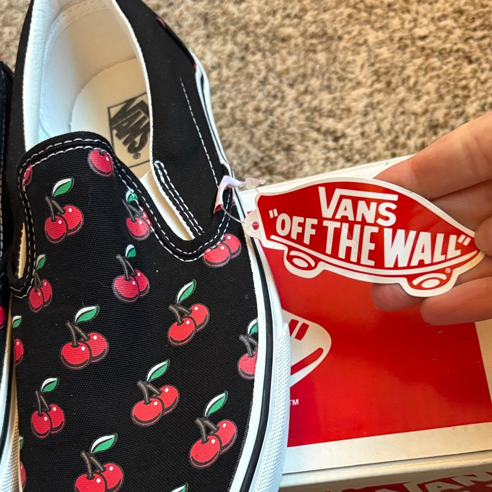 Vans Black and Red Cherry Slip-On Sneakers - Picture 2 of 4